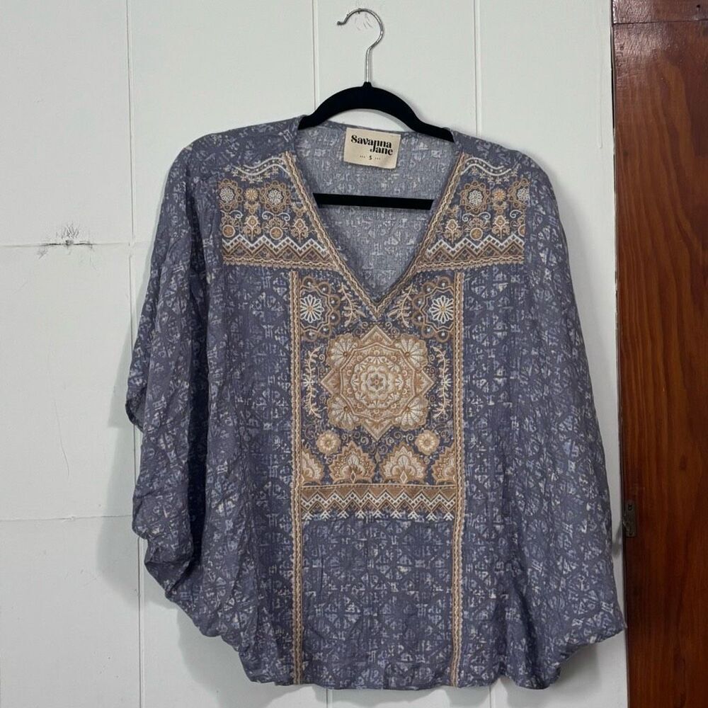 Savanna Jane‎ Blue Embroidered Boho Dolman Sleeve Top Small